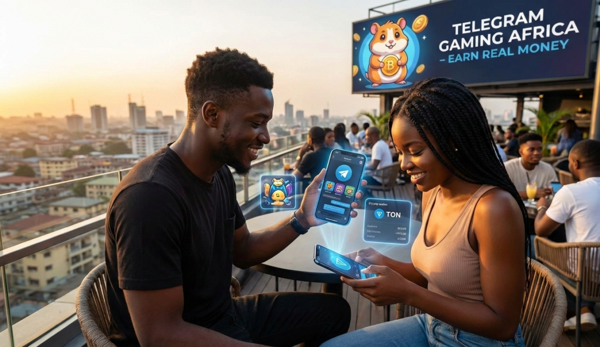 Two young, smiling Africans, a man and a woman, are seated on a rooftop overlooking a city at sunset. Both are engaged with their smartphones, which display holographic interfaces showing various Telegram gaming apps and cryptocurrency elements like the TON logo and coin values. In the background, a large digital billboard prominently features a "Hamster Kombat"-style hamster character with the text "TELEGRAM GAMING AFRICA - EARN REAL MONEY." The scene captures the essence of mobile gaming and digital earning in an urban African setting.