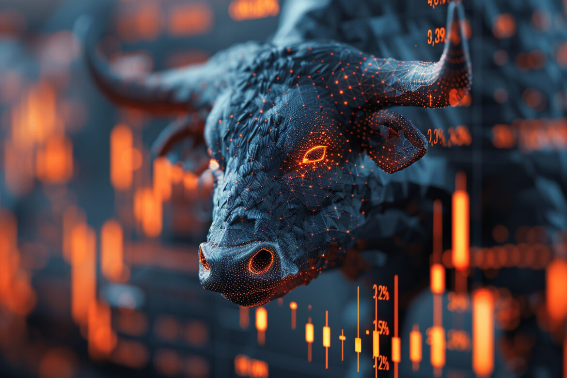 Futuristic digital bull symbolizing AI’s edge in Forex trading, data analytics, and global financial innovation in 2025.