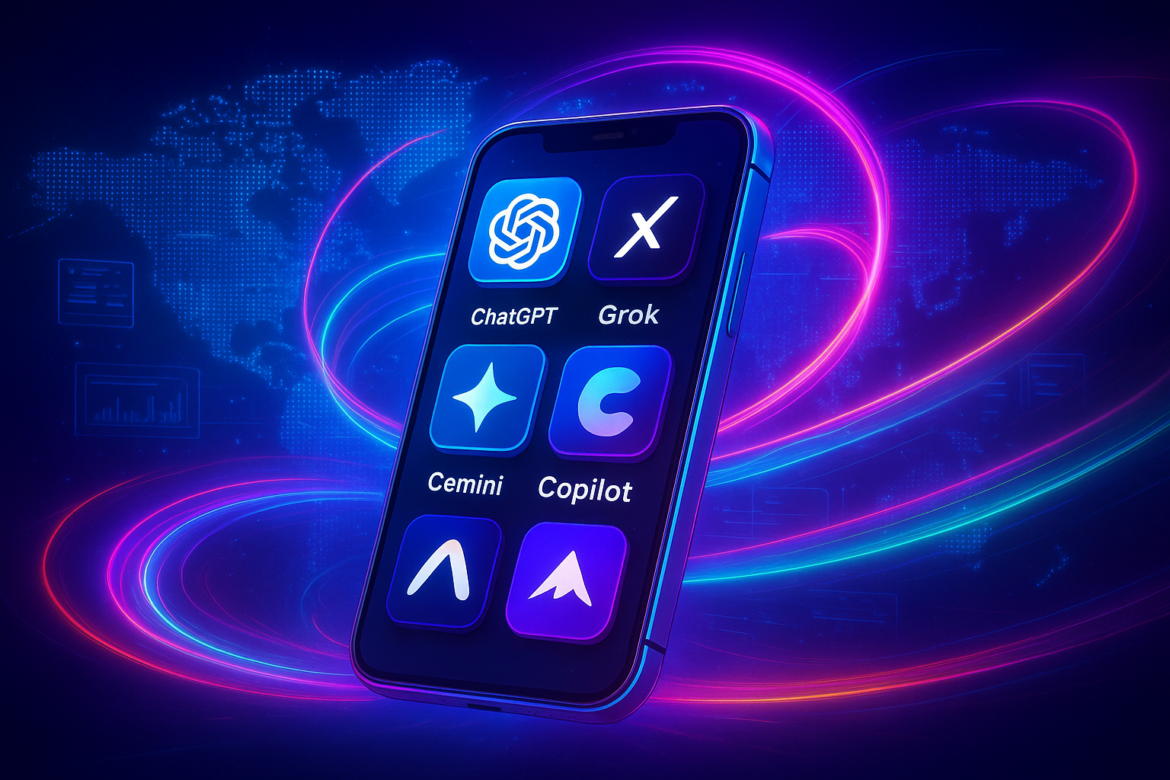 Futuristic 2025 AI apps thumbnail featuring glowing icons of ChatGPT, Grok, Gemini, Copilot, and Midjourney on a smartphone with neon light trails and a digital world map.