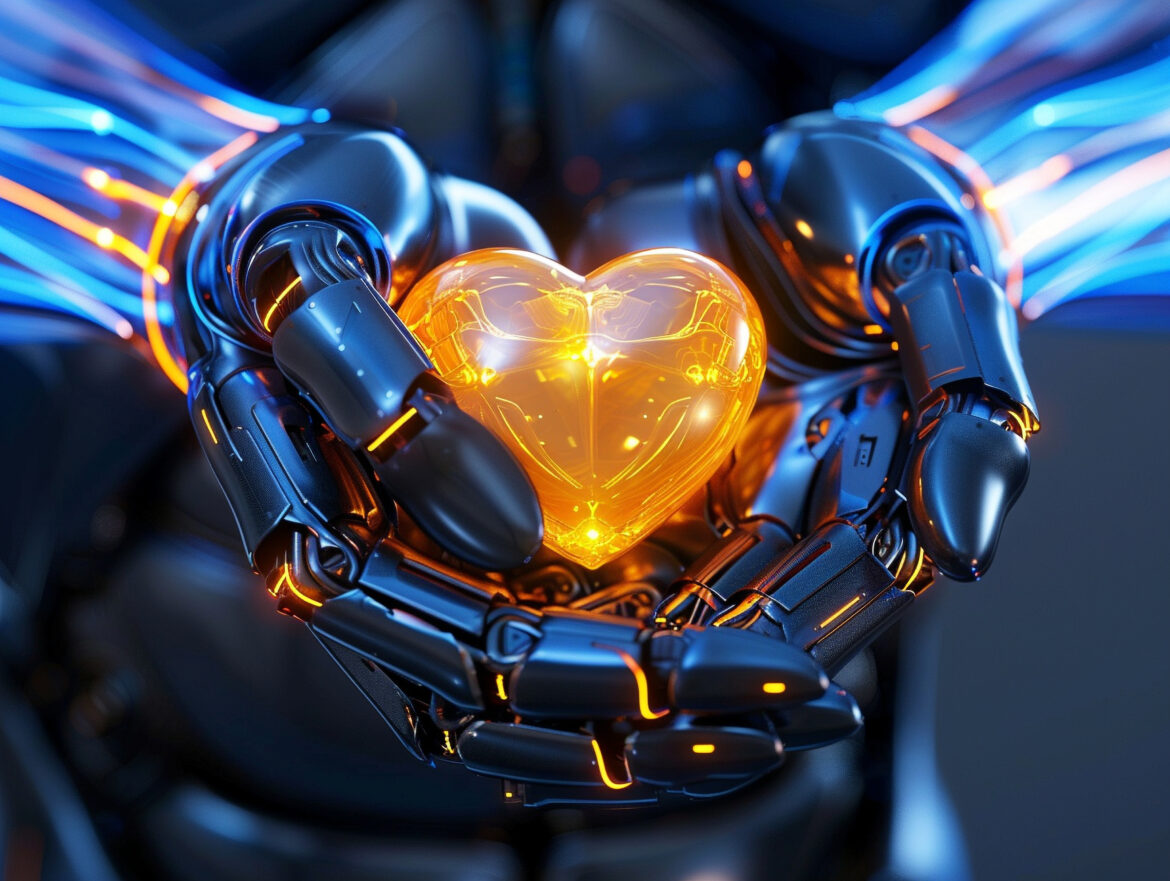 A humanoid robot gently holding a glowing heart, symbolizing emotional connection and love between humans and AI.
