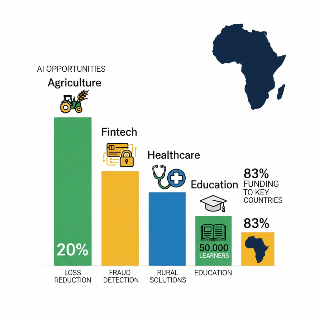 Infographic showcasing AI opportunities in Africa with icons and stats: Agriculture (20% loss reduction), Fintech (fraud detection), Healthcare (rural solutions), Education (50,000 learners), with 83% funding to key countries, in green-gold-blue colors, bar chart style