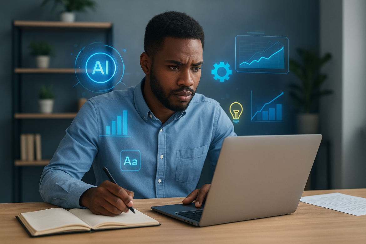 Focused young Nigerian entrepreneur using a laptop while surrounded by glowing AI icons and digital charts, symbolizing artificial intelligence tools for small businesses.