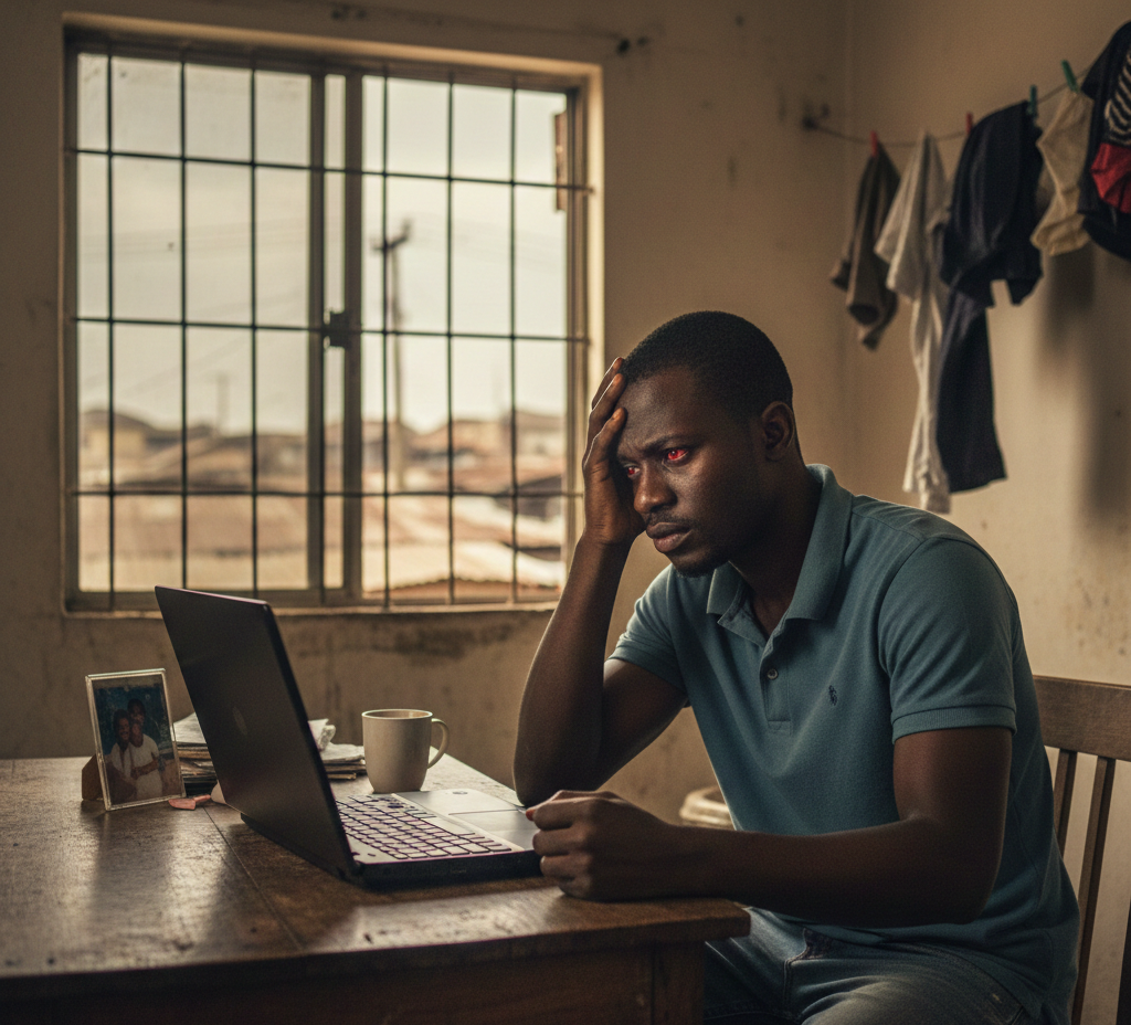 Frustrated young Nigerian man sitting alone with a laptop in a simple room, symbolizing job loss.