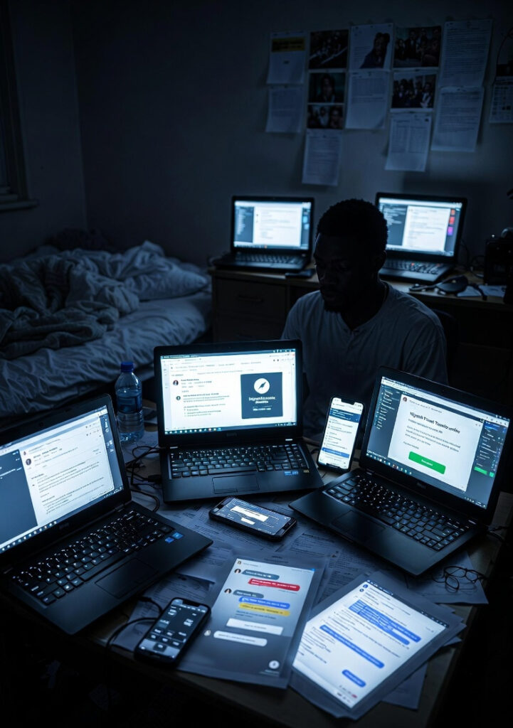 Dimly lit Nigerian bedroom at night. A young man sits surrounded by multiple glowing laptops and phones on a cluttered desk. Screens display AI-powered scams: a tearful voice-cloned Nigerian mother pleading 'Send money now,' perfect English phishing emails, fake GTBank/Access bank alerts, and hundreds of simultaneous AI romance scam chats. The dark, intense scene captures how artificial intelligence is supercharging 419 cybercrime in Nigeria.

