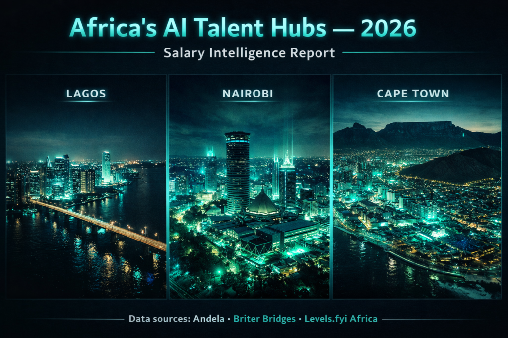 Dark background aerial photo of Lagos, Nairobi, and Cape Town skylines in a triptych layout. Neon blue/green city light overlays. Text overlay: "Africa's AI Talent Hubs — 2026 Salary Intelligence Report." Bottom caption: "Data sources: Andela · Briter Bridges · Levels.fyi Africa"]
