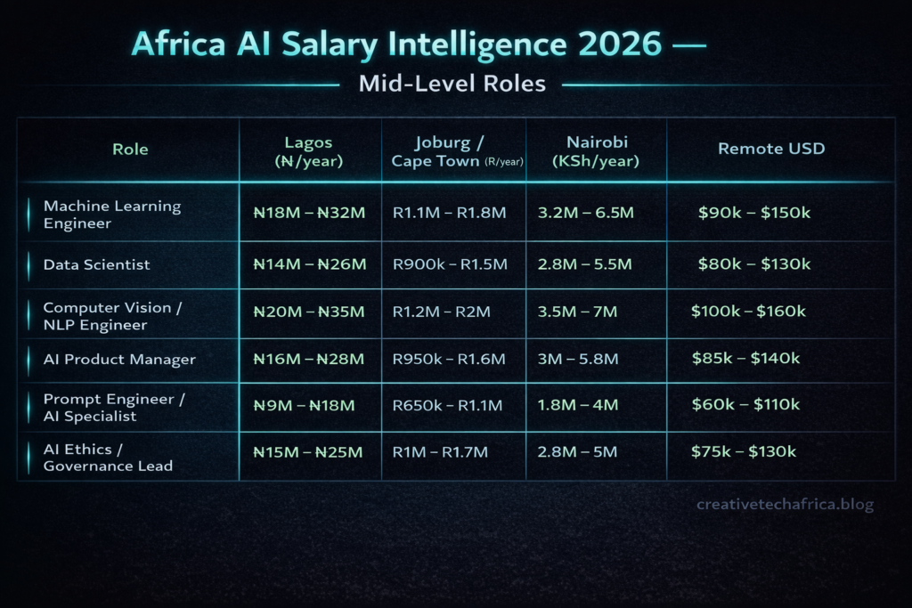Dark-background data table visual. Neon green column headers: Role | Lagos | Joburg/Cape Town | Nairobi | Remote USD.