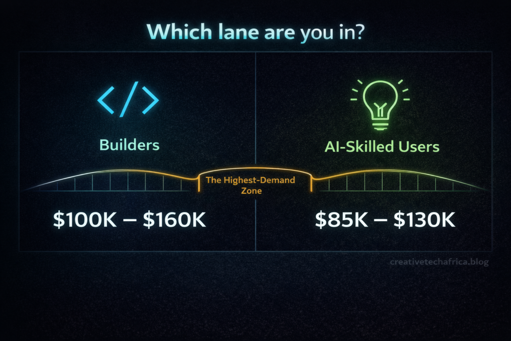 [Insert image: Dark background split-screen infographic. Left panel: neon blue icon of code bracket — "Builders." Right panel: neon green icon of lightbulb — "AI-Skilled Users." Centre bridge: gold line labeled "The Highest-Demand Zone." Each panel shows salary range in bold white text. 