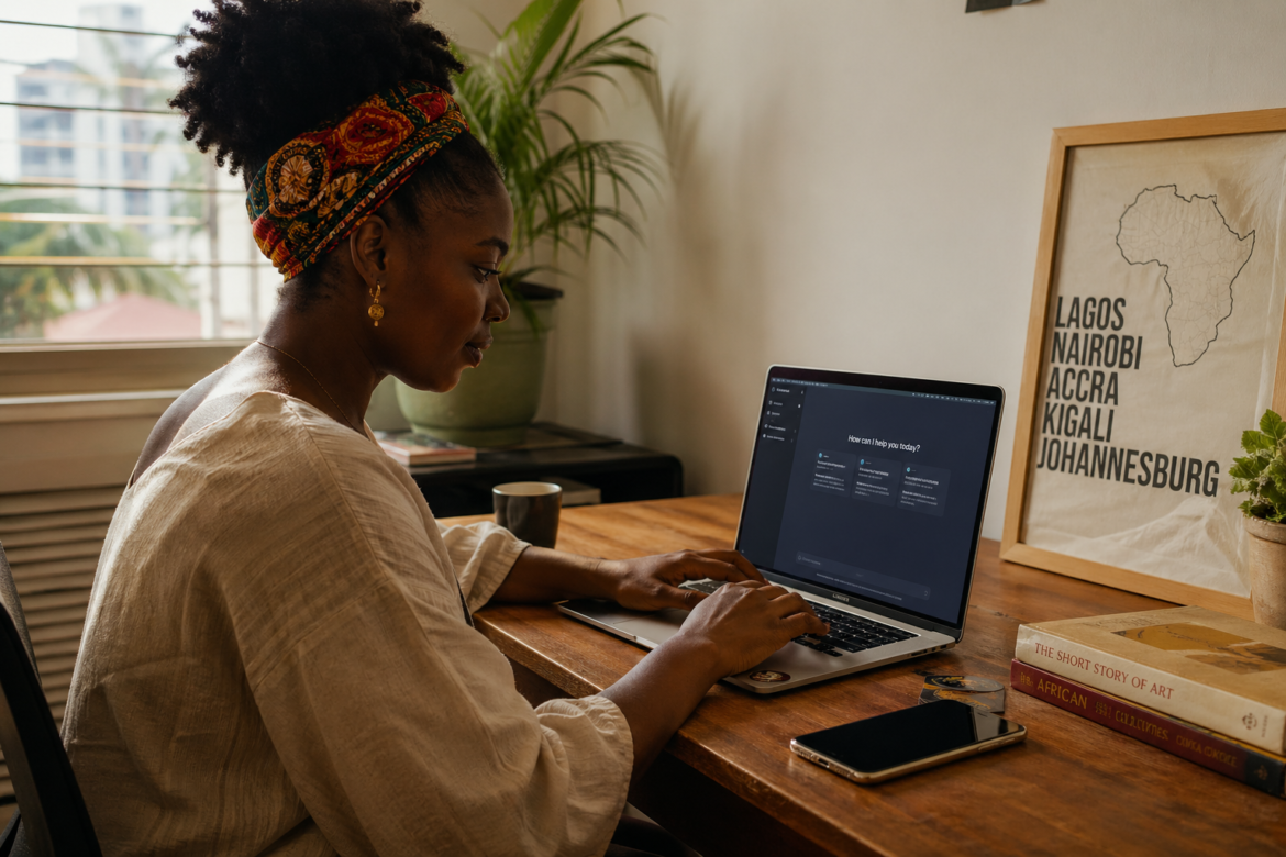 Young African woman using an AI tool on her laptop to complete freelance work from home