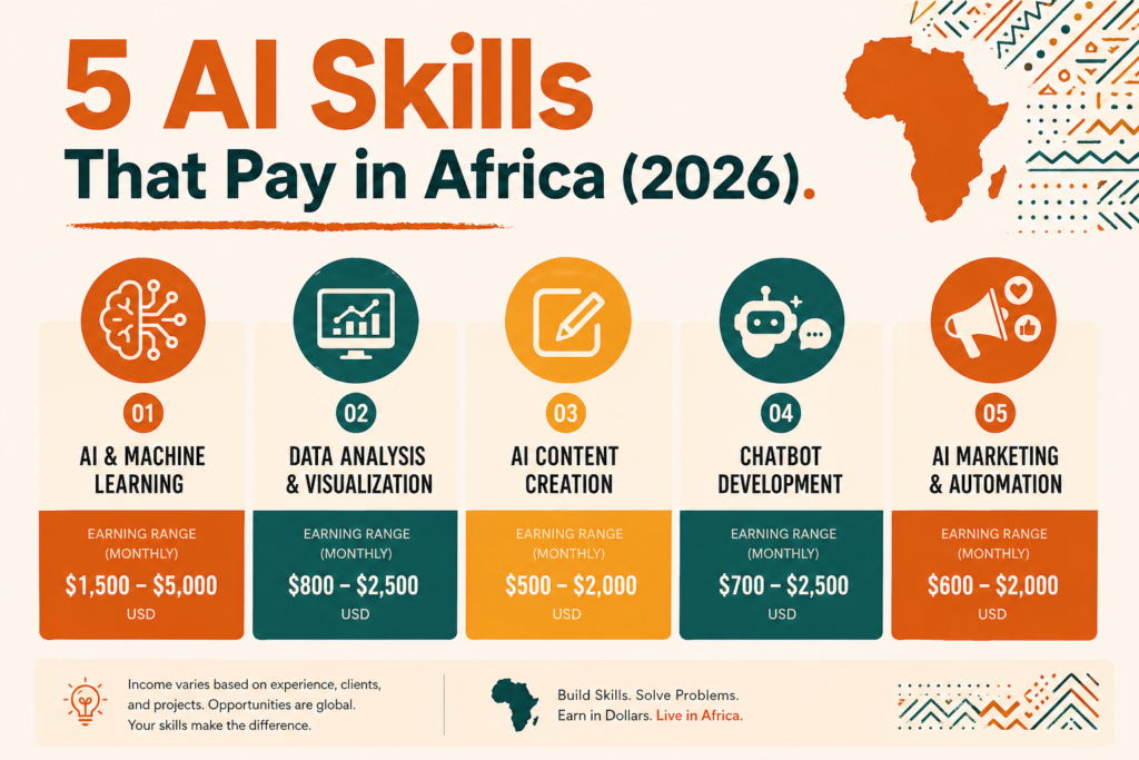 Infographic showing 5 AI skills Africans can use to earn money online in 2026 with earning ranges