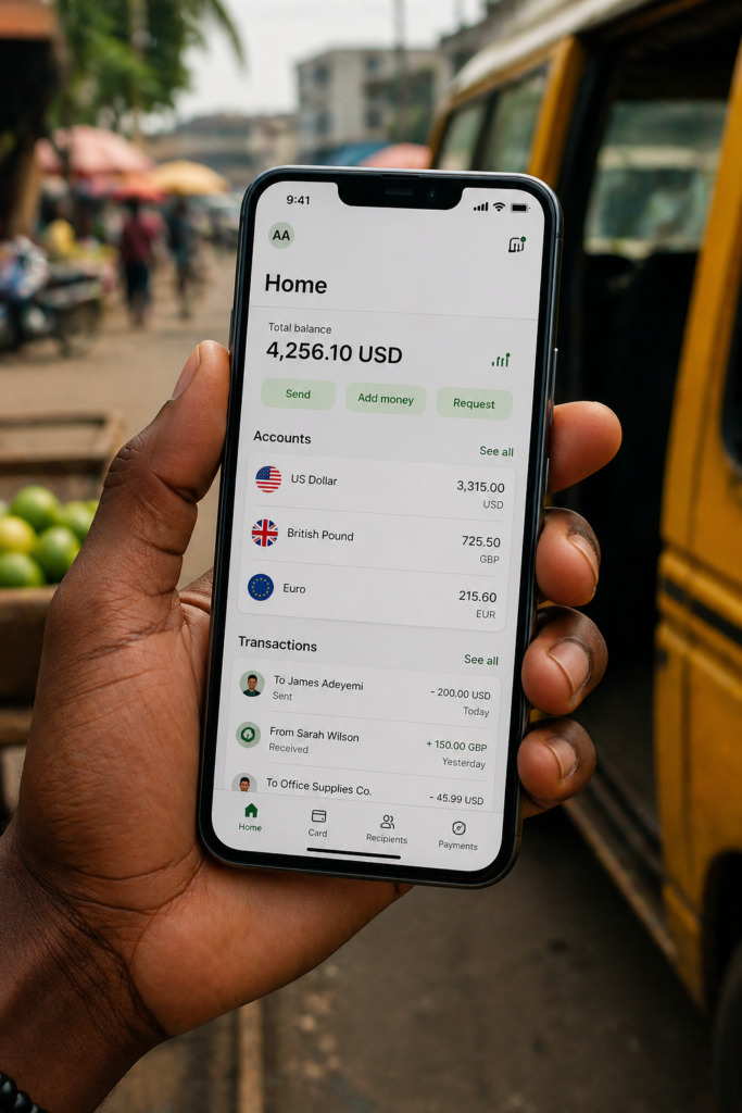 African freelancer checking international payment app on smartphone to receive money from overseas clients