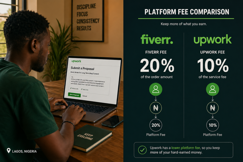 Comparison of Fiverr and Upwork platform fees for African freelancers earning money with AI skills