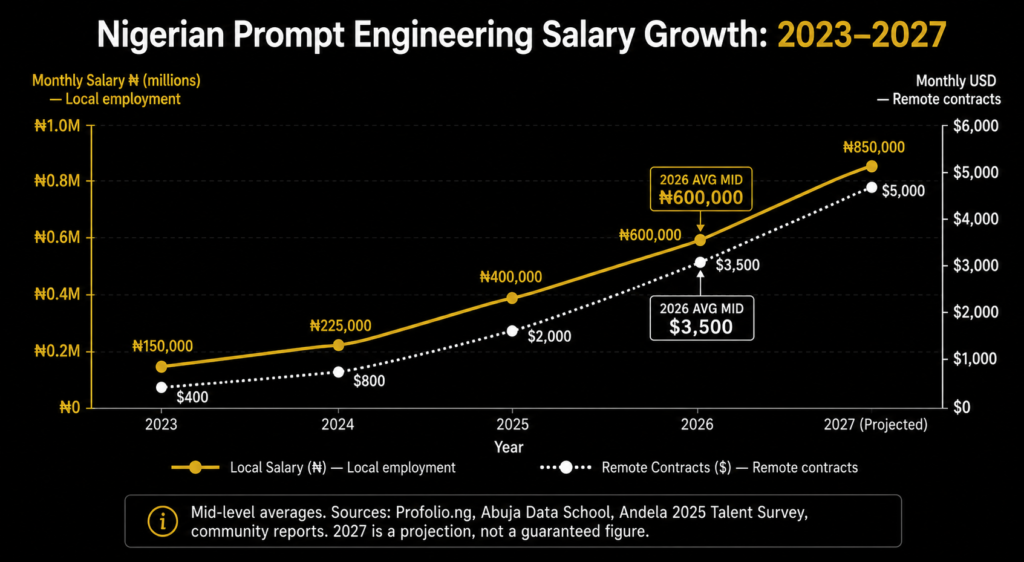 Nigerian Prompt Engineering Salary Growth: 2023–2026"]
Two-line chart — Local monthly ₦ salary (gold) vs. Remote monthly USD equivalent (white). X-axis: 2023–2026 + 2027 projection. Build in Datawrapper or Flourish. See full spec above.