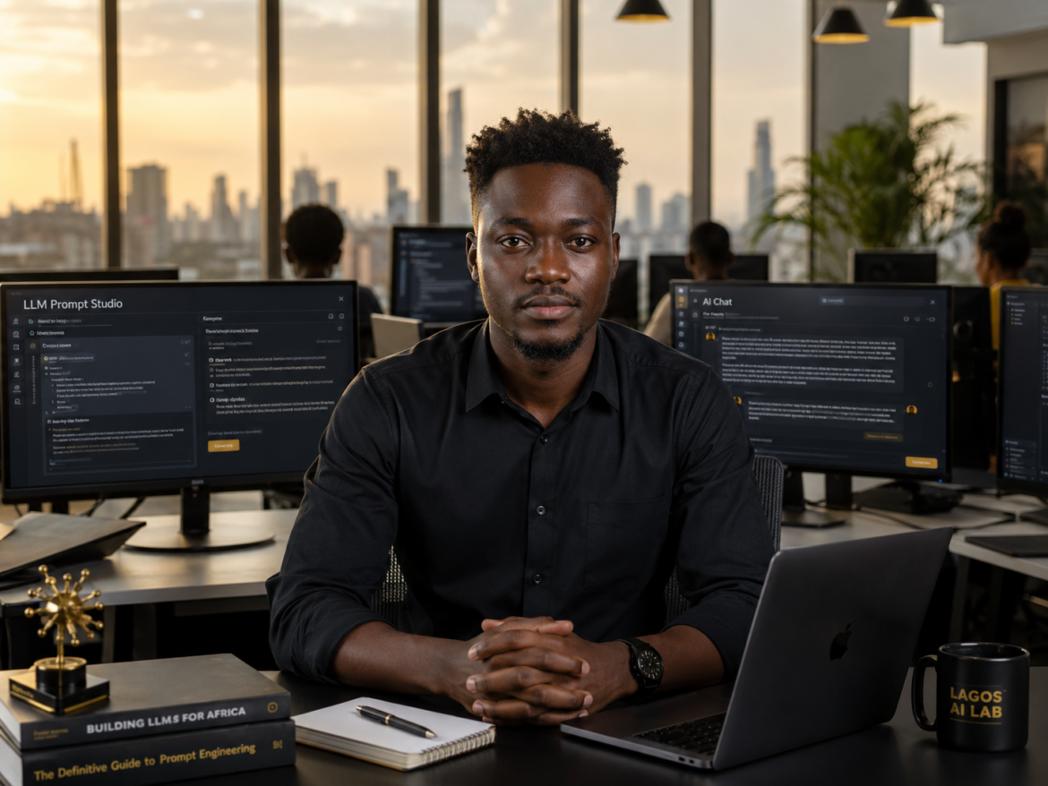 A Nigerian tech professional working on AI prompt engineering in a modern Lagos office, representing prompt engineering salary opportunities in Nigeria