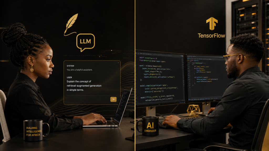 Illustrated split-screen comparison of a prompt engineer and an AI engineer
  role, showing different skill sets and salary differentials for AI careers
  in Nigeria