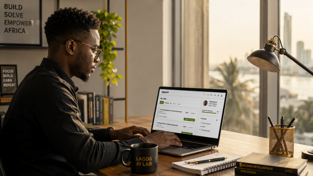 A Nigerian freelance prompt engineer working remotely on a laptop, illustrating
  the freelance prompt engineering salary opportunity in Nigeria for remote clients