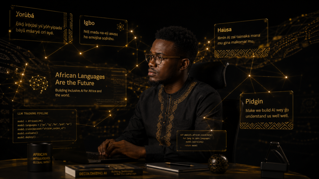 Visual representation of African-language AI development for Yoruba, Igbo
  and Hausa NLP, showing the specialist salary premium for Nigerian prompt
  engineers and NLP professionals