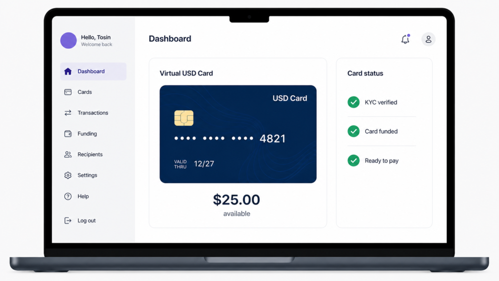 Virtual USD card dashboard showing a funded card ready to pay for Claude AI subscription, as used by Nigerian users via Grey or Geegpay.