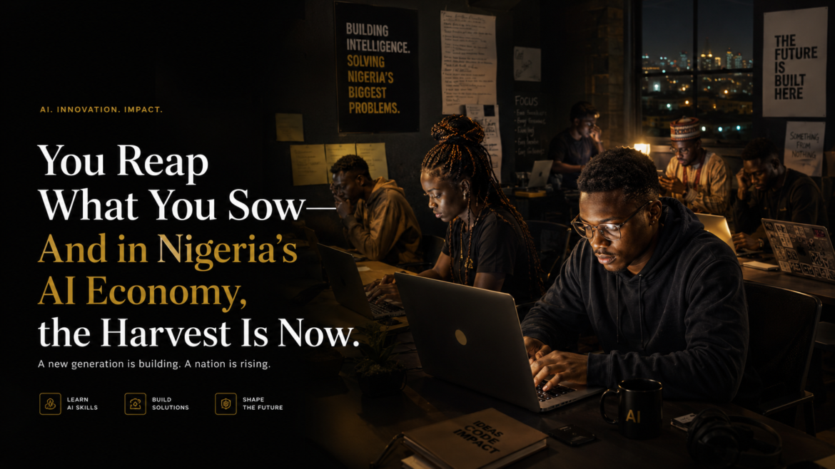 Young Nigerians working late at night with laptops and AI tools in a cinematic black, gold, and white workspace representing ambition in Nigeria’s AI economy.