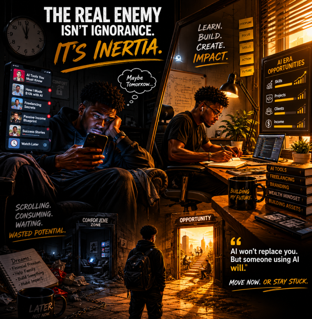 Create a dark cinematic visual for the section titled “The Real Enemy Isn’t Ignorance. It’s Inertia.” The image should symbolize procrastination, hesitation, and wasted potential in the AI era. Show a young Nigerian sitting in dim lighting endlessly scrolling through content about AI, freelancing, or success while another version of the same person actively works, learns, or builds in a brighter space nearby. The emotional conflict between consuming and creating should be the core theme.
Use a dramatic black, gold, and white palette. Dominant matte black (#0B0B0B) should represent stagnation and comfort zones, while warm gold lighting (#D4AF37) symbolizes action, growth, and opportunity. Use white (#FFFFFF) sparingly for clarity, digital interfaces, and contrast.
The atmosphere should feel reflective, emotional, and cinematic with realistic environments, subtle shadows, and grounded storytelling. Avoid exaggerated sci-fi visuals or fake AI imagery. Make the scene feel human, relatable, and emotionally powerful.

