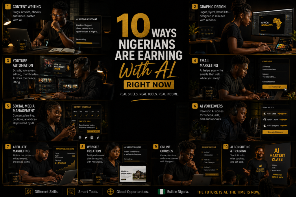 Collage of Nigerian creators and freelancers using AI tools for content writing, design, marketing, YouTube, and remote digital work.