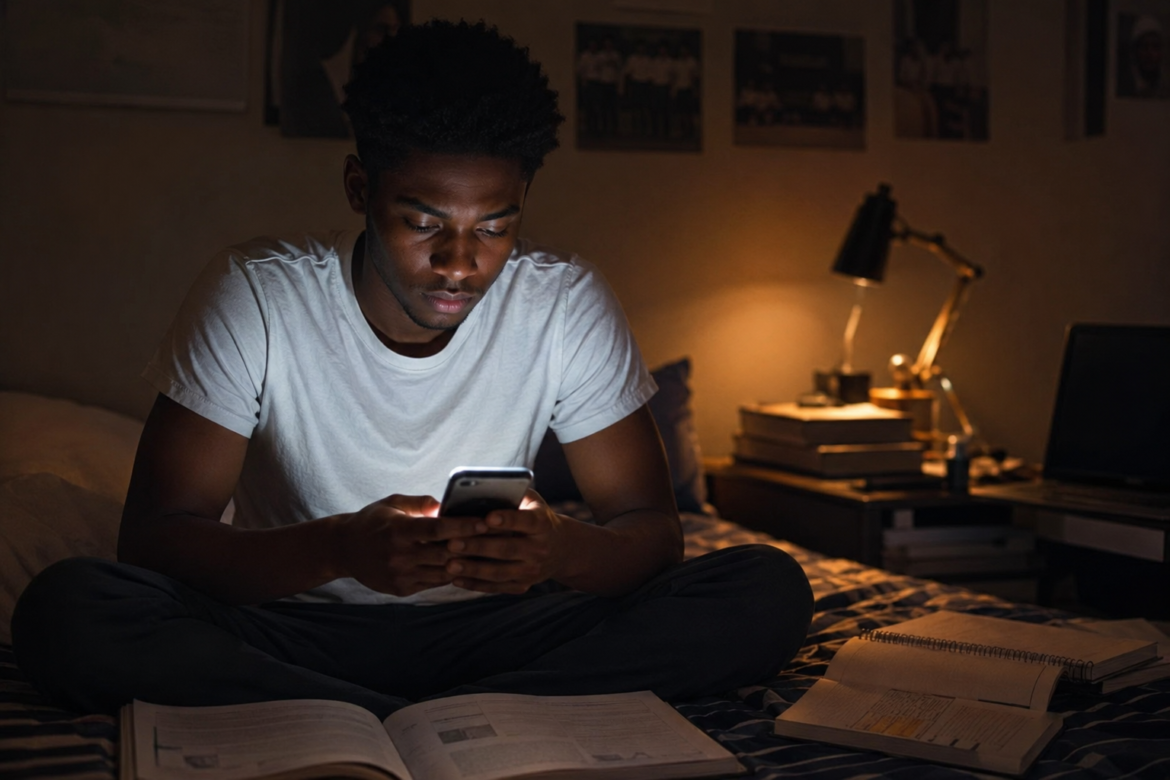 A Nigerian university student using an AI tool on his smartphone at night to study, illuminated by gold-toned screen light against a dark room background.