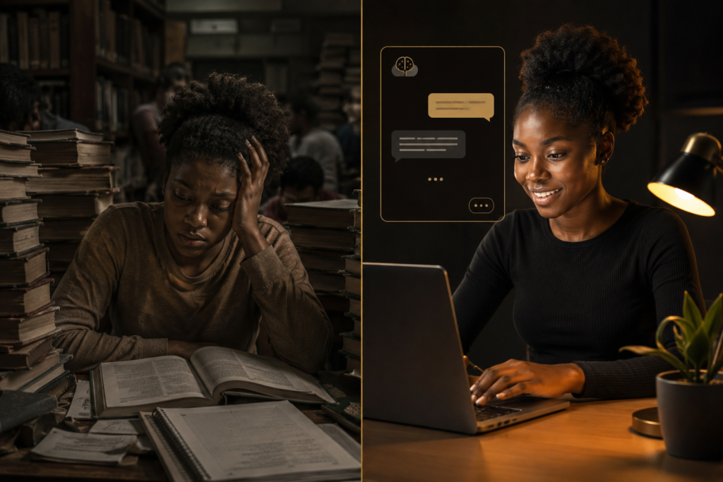 Side-by-side comparison of a Nigerian female student studying the traditional way with heavy textbooks versus using a modern AI tool on a laptop, illustrating the shift in how students learn.