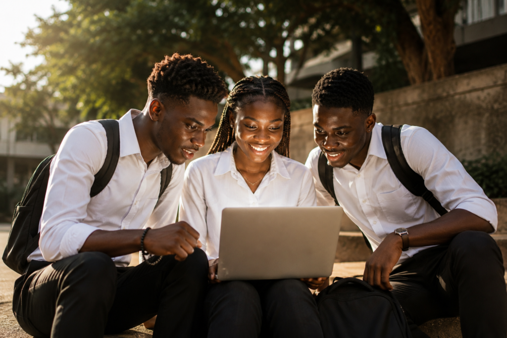 Three Nigerian university students gathered around a laptop on campus, exploring AI learning tools together with expressions of curiosity and engagement.