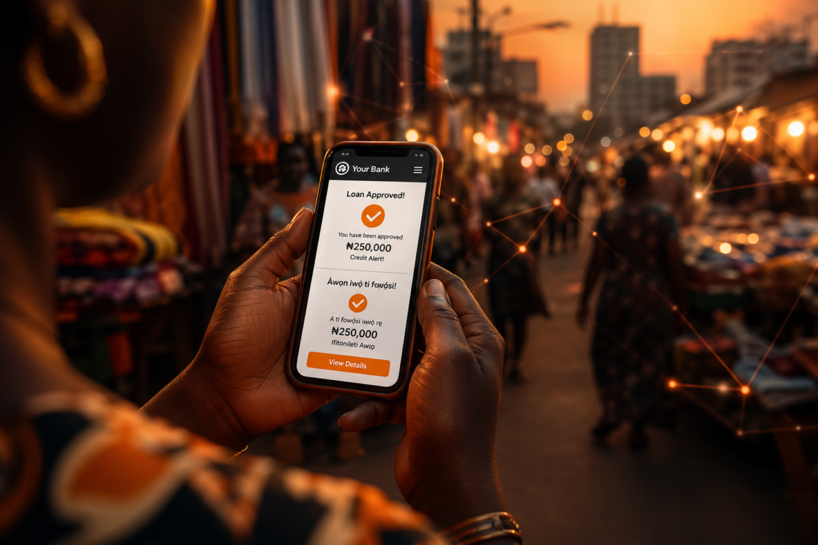 A woman holds a smartphone showing a mobile loan approval at a busy Nigerian street market at dusk, with warm amber market lights and a faint data network overlay in the background — representing AI-powered financial access in everyday African life.