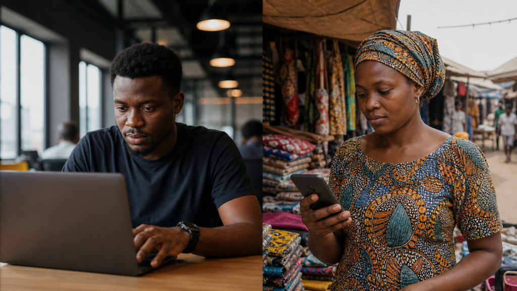 Split image showing a developer working on a laptop in a Lagos co-working space on the left, and a market trader checking her phone for a mobile loan at an outdoor stall on the right — representing the two sides of Africa's AI fintech ecosystem.