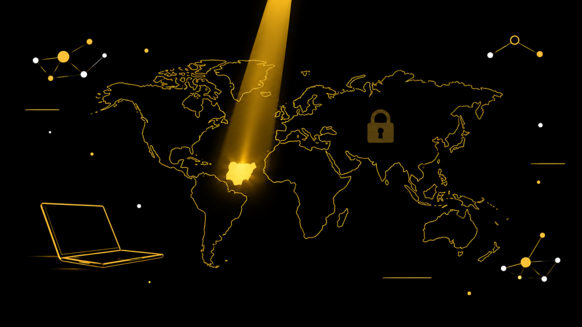 Illustration of Nigeria highlighted in gold on a world map, symbolizing which AI training platforms are actually open to Nigeria-based workers