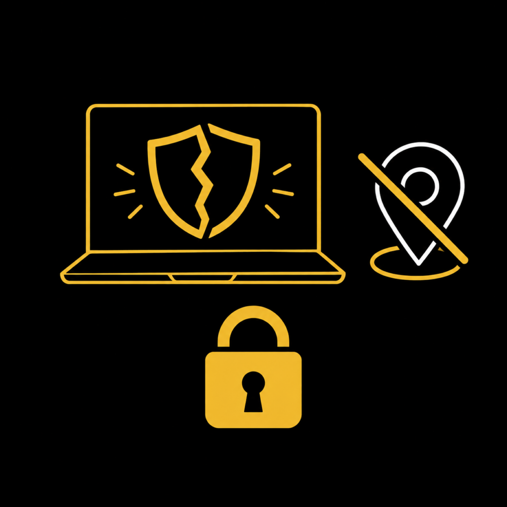 Icon illustration of a cracked shield and a crossed-out location pin, representing the account-ban risk of using a VPN to fake your location on AI training platforms