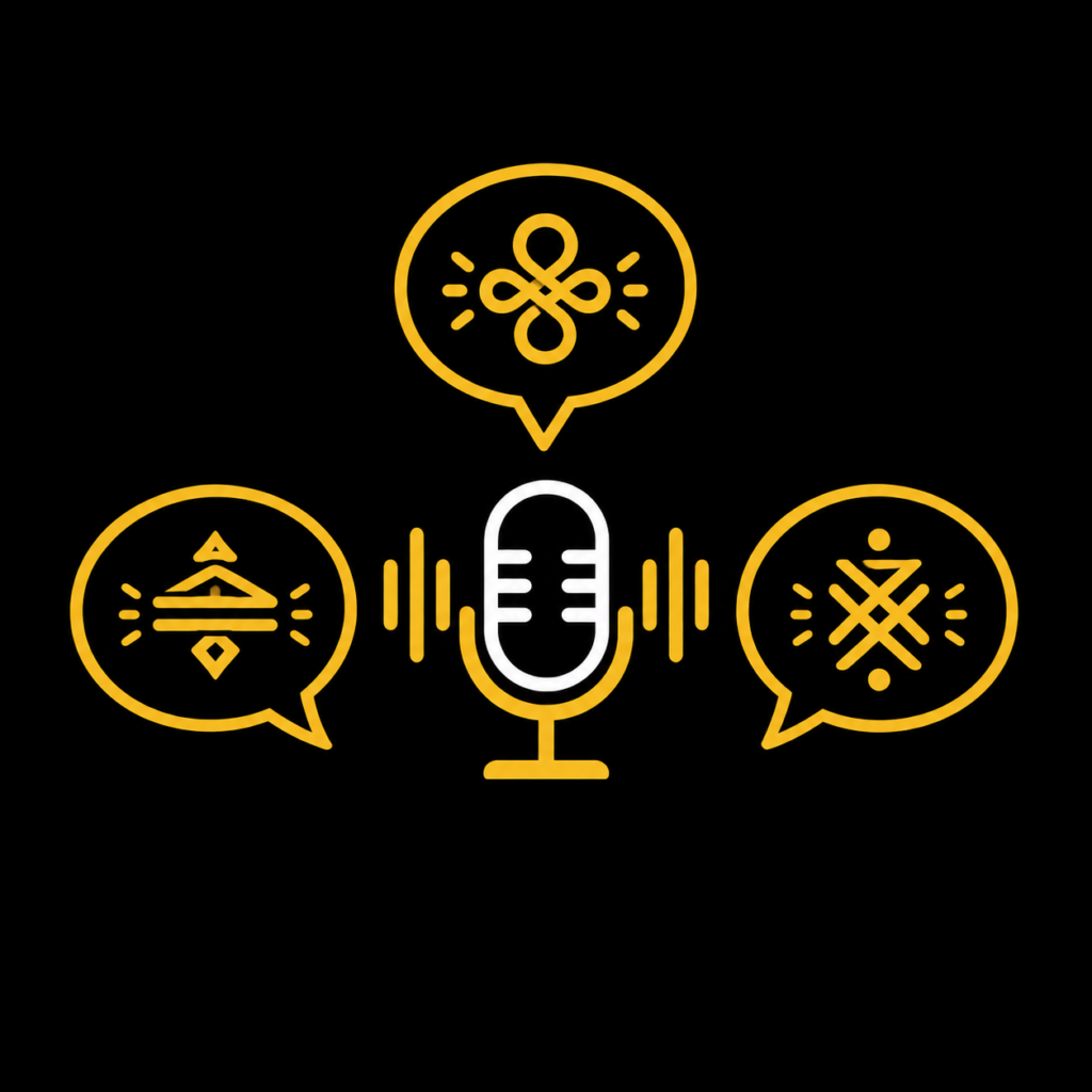 Illustration of three speech bubbles surrounding a microphone icon, representing demand for Yoruba, Hausa, and Igbo speakers in AI language-training work