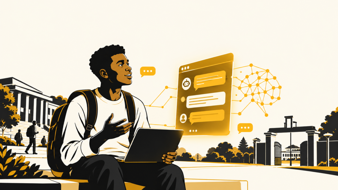Nigerian university student using an AI chat assistant on campus, illustration in black, gold and white