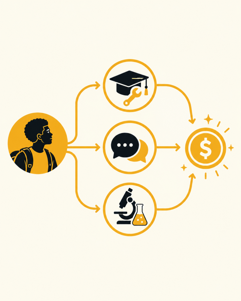 Infographic showing three Claude Campus Ambassador tracks — Builder Club, Campus Conversations, and Claude Science — all leading to the same $3,600 stipend.